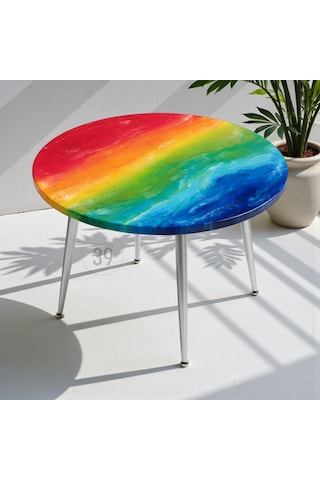 Raınbow Lux 60 Cm Kahve Sehpası Rainbow Epoksi Parlak Yüzey Gümüş Ayaklı Modern Orta Sehpa 45 Cm Yükseklik Çok Renkli