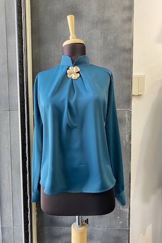 Pera Moda Gold Broş Detaylı Şık Bluz Gömlek Petrol Yeşili