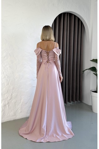 Kolları Dantelli Pudra Saten Abiye Elbise Pudra