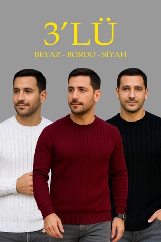 Butik İstanbul Erkek Fitilli Triko Kazak 3lü Set Beyaz Bordo Siyah Regular Fit Bisiklet Yaka Triko Seti Siyah - Beyaz - Bordo