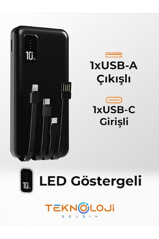 10.000 Mah Powerbank Elfenerli Dijital Led Gösterge Kendinden Kablolu Taşınabilir Şarj Aleti 4 Çıkış Siyah