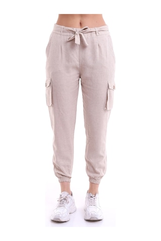 Winmoda34 Keten Pantolon Kargo Cepli Lastik Paça Taş Rengi Taş