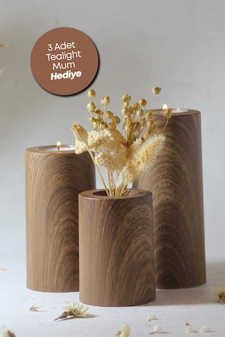 3 Lü Ahşap Kaplama Yüzey Mumluk Dekoratif Tealight Set Mum Abs P