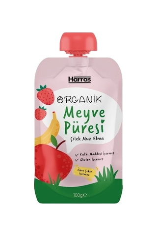 Organik Meyve Püresi Çilek Muz Elma 100 G x 6 Adet - İlave Şekersiz Bebek Ek Gıda