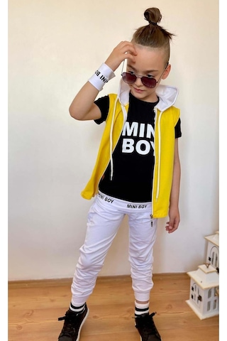 Riccotarz Erkek Çocuk Mini Boy Yazı Ve Şerit Detaylı T-shirt Kolsuz Sarı Yelek Eşofman Takım Buz Mavi