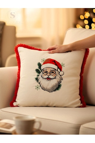 Noel Baba Nakışlı Fırfırlı Buldan Keteni Yastık Kılıfı 43 X 43 1 Adet Dolgusuz Çok Renkli