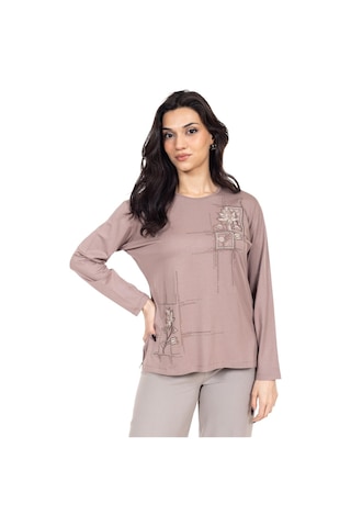 Yeni Sezon Kadın Orta Yaş Ve Üzeri Viskoz Kanaviçe İşlemeli Lüks Anne Penye Bluz 24311-vizon