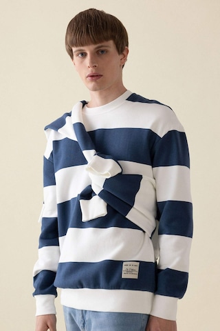 Defacto Boxy Fit Bisiklet Yaka Çizgili Sweatshirt A9066AX24AUBE88 Mavi