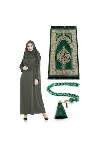 Tek Parça Namaz Elbisesi - Seccade - Tesbih - Ibadet Seti - Haki