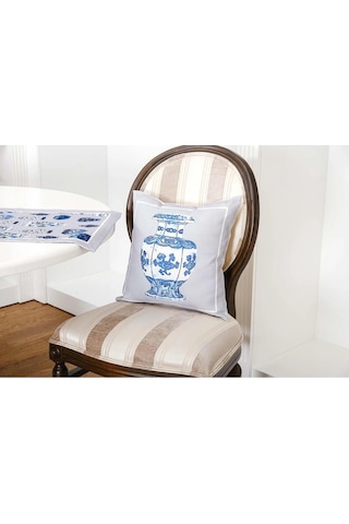 Vista Baskılı Kumaş Kreme Mavi Runner Kırlent Seti 3 Parça 45x45 Cm 1372 Mavi