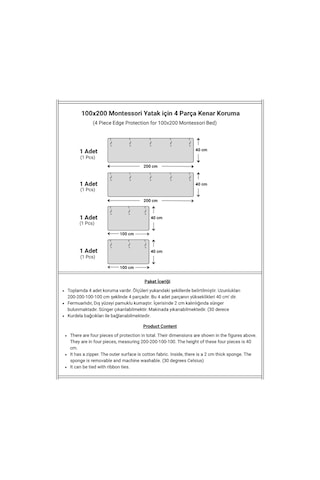 Bebek Özel%100 Pamuklu Montessori Beşik Kenar Koruma, 100x200 Cm, 4 Parça, Ekru Krem Genel