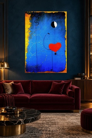 Fida Joan Miró Mavi Fonda Kırmızı Kalpli Dansçı Canvas Tablo Çok Renkli