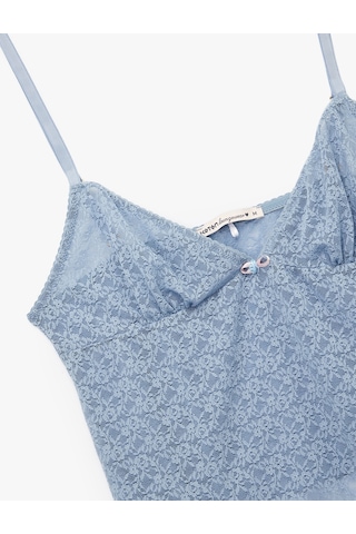 Koton Kalp Yaka İnce Askılı Dantelli Pijama Üstü Mavi 5slk90034mk