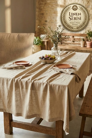 Linen Vintage Naturel Keten Masa Örtüsü - Ham Bej Yıkanmış Keten Bohem Sofra Örtüsü