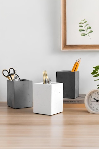Beton Kalemlik 3 Lü Set Modern Dekoratif Organizer, Vazo, Saksı, Diş Fırçalık Çok Frenkli