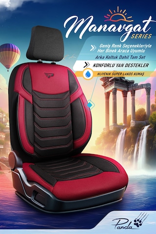 Siyah - Kırmızı Garni Panda Manavgat Serısı Lakos Kumaş Oto Koltuk Kılıfı - Tam Set