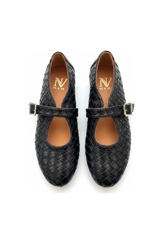 Ne&ve Shoes Kahve Hakiki Deri Örgü Detaylı Tokalı Kaddın Yuvarlak Burun Babet Siyah