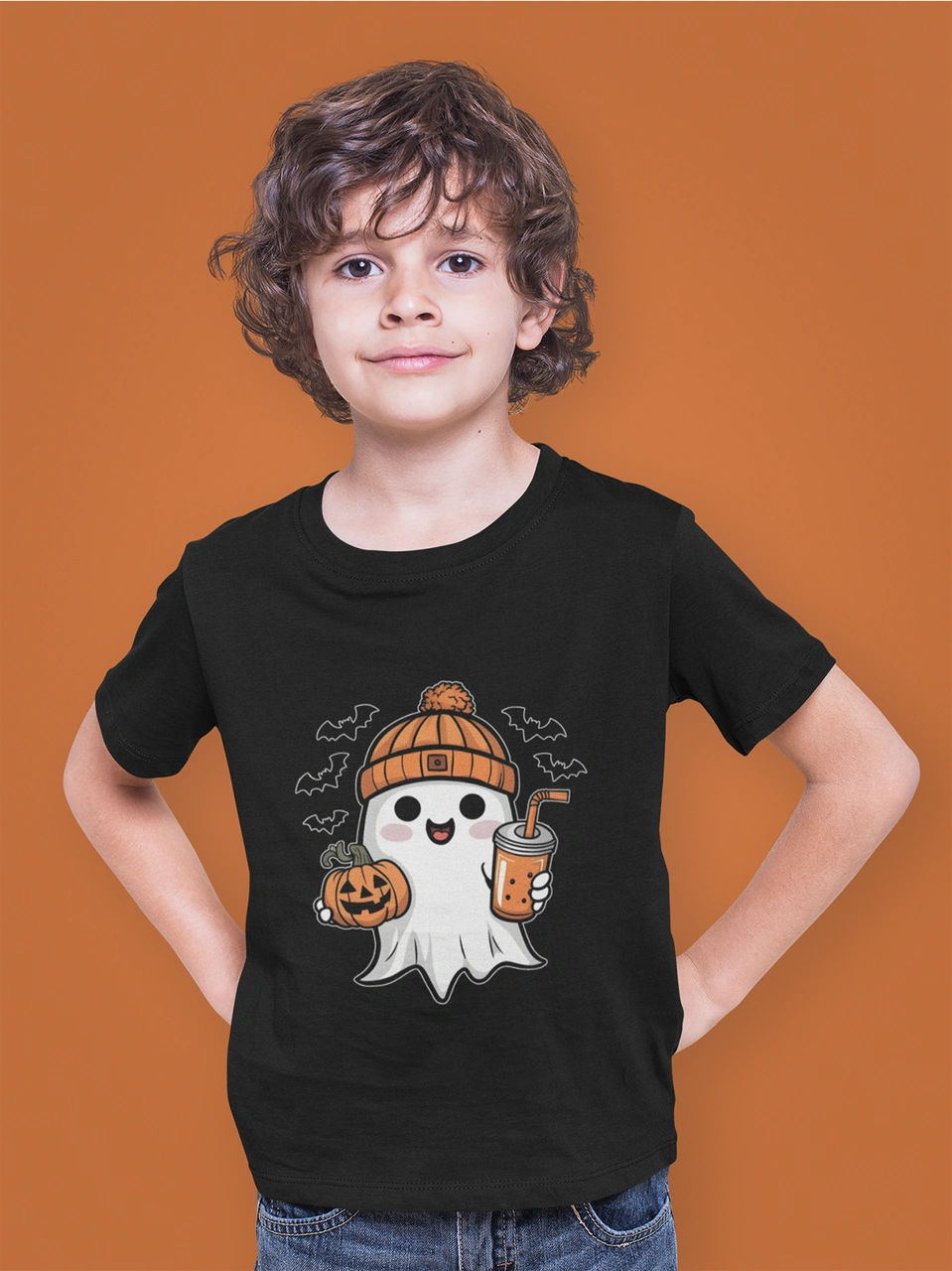 Bumeta Sevimli Hayalet Baskılı Cadılar Bayramı Halloween Çocuk Tişört T-shirt Siyah