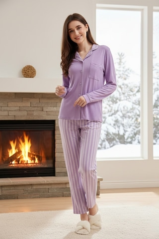 Remsa Kadın Desenli Önü Düğmeli Yumuşak Milan Kumaş Pijama Takımı 250378 Lila01 Lila01
