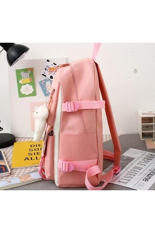 Yucama Yucama Okul Çantası 5 Adet Ortaokul Lise Öğrencisi Sırt Çantası Set Estetik Okul Çantaları Rozet Ve Kolye Ile Sevimli Kitap Çantası, Omuz Çantası, Kalem Kutusu, Bez Çanta - Pink Kırmızı - Gri