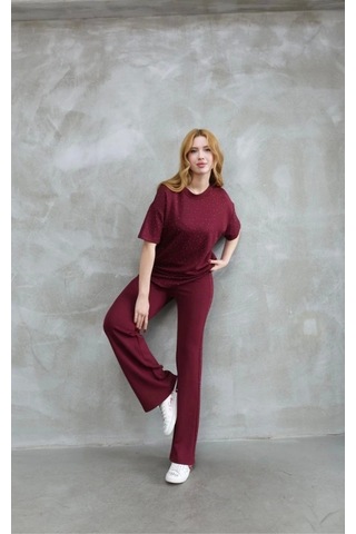 Defymoda Osy Modal Yumuşak Dokulu Kumaş Bisiklet Yaka Taş Detaylı Kısa Kollu Takım - Bordo Bordo