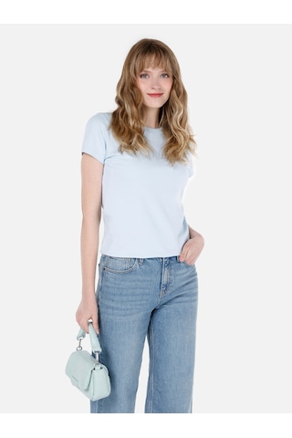 Colins Slim Fit Yuvarlak Yaka Düz Kadın Mavi Kısa Kol Tişört Cl1068567 Q1.v2 Lbl Açık Mavi