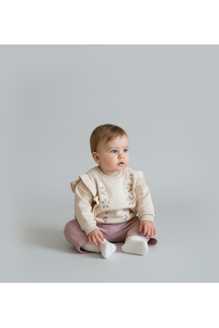 Fırfır Ve Nakış Detaylı Ekru Bebek Sweatshirt Ve Gül Kurusu Eşofman Takımı Ekru