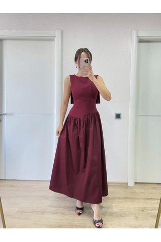 Krep Arkası Kanat Arka Ön Pens Detaylı Uzun Kadın Elbise - Bordo Bordo