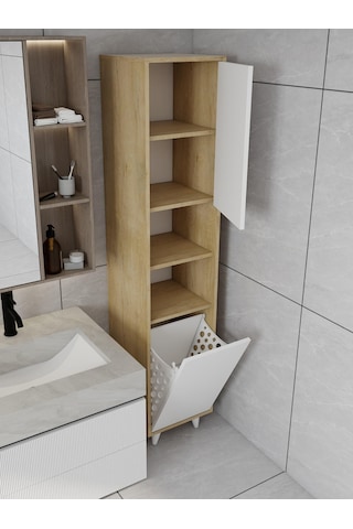 Riva Çamaşır Sepetli Banyo Dolabı Lefkaş Meşe Renk Meşe - Beyaz
