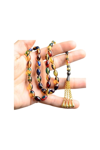 Burhan Sağlam Arpa Kesim 11 x 7 MM Ateş Kehribar Alpaka Püsküllü Tesbih Çok Renkli 12503949