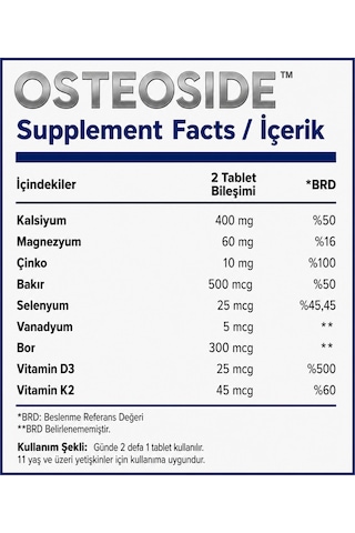 Osteoside Kalsiyum, Magnezyum, Çinko Ve D3&k2 İçeren 60 Tablet Takviye Edici Gıda