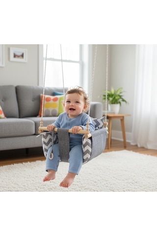 Ahşap Çocuk & Bebek Salıncağı Gri Renk Minder Yastık Ve Diş Halkalı Tavan Salıncak