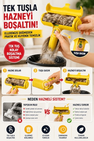 Hazneli Tekrar Kullanılabilir Tüy Toz Saç Toplama Gırgırı Yapışkansız Kumaş Temizlik Rulosu Ev Tipi Sarı