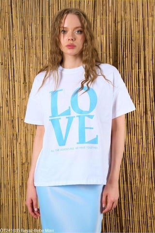 Kadın Beyaz-Mavi Love Baskılı Oversize %100 Pamuk T-Shirt