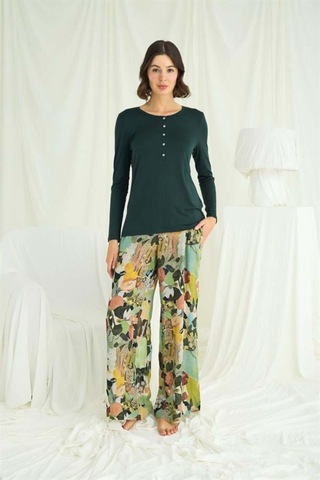 Lisinya Çiçek Ve Yaprak Desenli Pijama Takımı Yeşil
