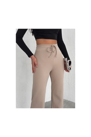 Dechival Kadın Bol Paça Fitilli Pantolon Yazlık Wide Leg Eşofman Altı Ekru