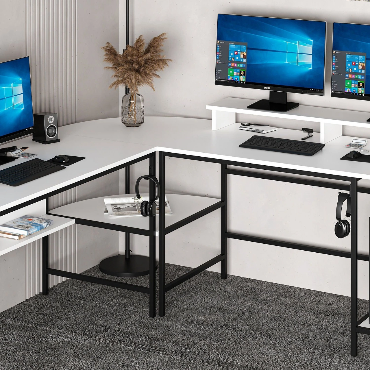 Minar Greta Raflı L Köşe Çalışma Masası - Beyaz Beyaz