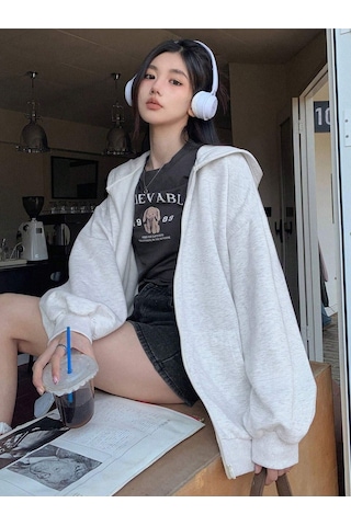 Significant Damebb Fermuarlı Hırka Sweatshirt - Gri Baskılı Oversize Kışlık Kalın Kapüşonlu Gri