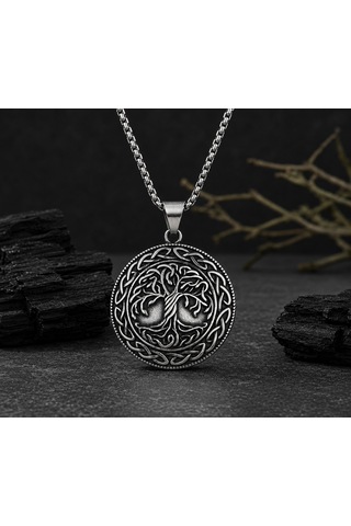 Çift Taraflı Kullanım Nordic Yggdrasil Yaşam Ağaç Viking Pusula Kolye Antik Gümüş