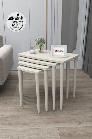 Renlife 4 Lü Ahşap Zigon Sehpa Takımı Krem Lake Boyalı Krem Krem Krem Ayaklı