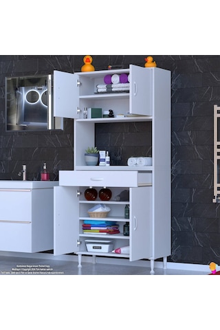 Modilayn Arda Banyo Dolabı 70x173x32,5cm 1 Çekmece 4 Kapak Ve 7 Raflı İhtiyaca Uygun Kolay Kurulum Beyaz