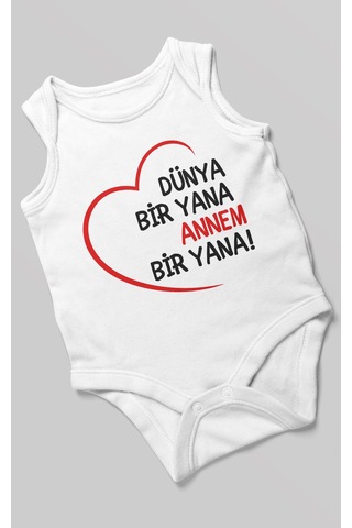 Morivokids Dünya Bir Yana Annem Bir Yana Sıfır Kollu Bebek Zıbını %100 Pamuk Beyaz