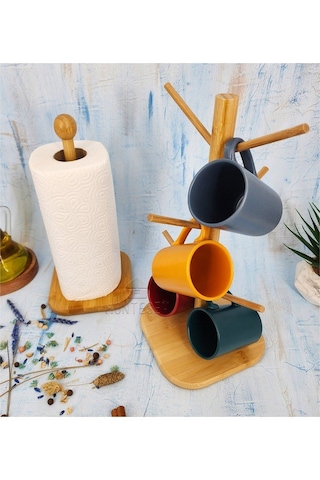 Ahşap Bambu Bardak Kupa Fincan Askılığı Kağıt Havluluk 2li Set