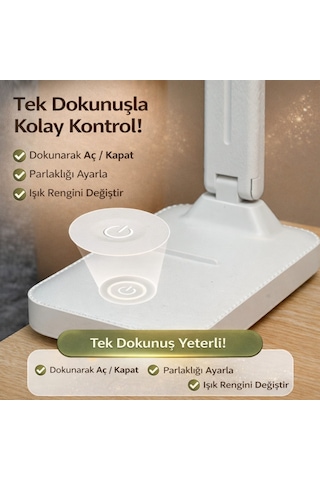 Polham Şarjlı Katlanabilir Led Masa Lambası 3 Işık Modu Göz Koruyucu 800mah Telefon Tutuculu Beyaz