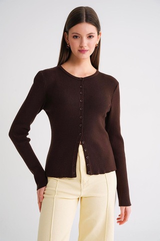 Hiccup Mixray Düğmeli Slim Fit Yivli Örgü Hırka Kahve Kahvesi