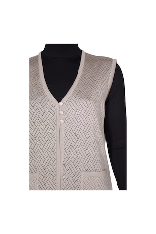 Hesna Kadın Yakut Triko Ajurlu Cepli Düğmeli Yırtmaçlı Taş Beji Yelek Bej