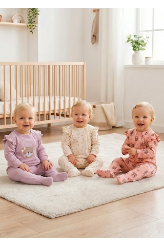 Babymod Üçlü 100% Pamuk Kız Bebek Tulum Gülkurusu