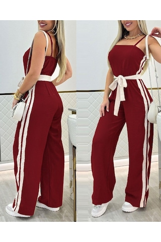 Ahes Shopping Kadın Ip Askılı Straplez Belden Kuşaklı Viskon Iki Iplik Tulum Bordo