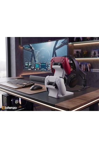 3'lü Oyun Aksesuar Standı Çift Gamepad Ve Kulaklık Tutucu - Beyaz