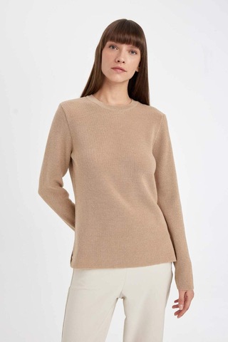 DeFacto Regular Fit Bisiklet Yaka Simli Kumaş Triko Kazak D0405AX24WNBG647 Bej